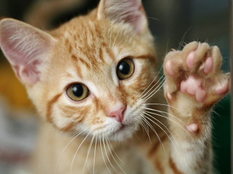 orange tabby cat with its paw up